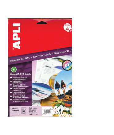 Etiquetes per a CD i DVD. Mida: 114 mm. Superfície opaca. 100 fulls