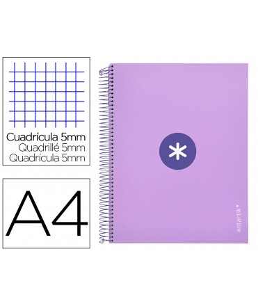 Cuaderno espiral a4 micro antartik tapa forrada 120h 90 gr cuadro 5mm 5 bandas 4 taladros color lavanda