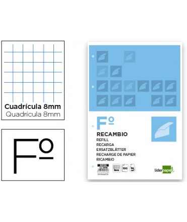Recambio liderpapel a4 100 hojas 60g/m2 cuadro 8mm con margen 4 taladros