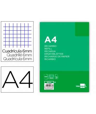 Recambio liderpapel a4 100 hojas 60g/m2 cuadro 6 mm 4 taladros con margen