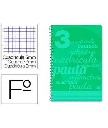 Cuaderno espiral liderpapel folio pautaguia tapa plastico 80h 75gr cuadro pautado 3mm con margen color verde