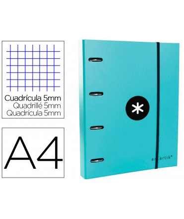 Carpeta con recambio antartik a4 cuadro 5mm forrada 4 anillas 40mm redondas con solapa color menta