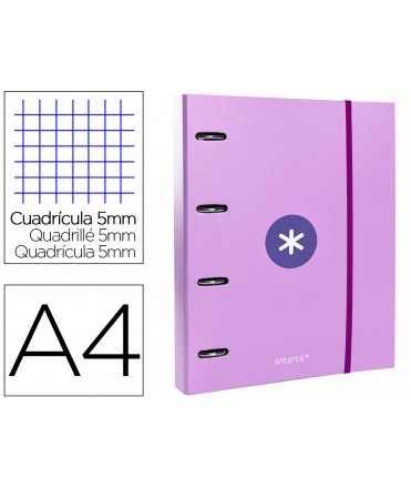 Carpeta con recambio antartik a4 cuadro 5mm forrada 4 anillas 40mm redondas con solapa color lavanda
