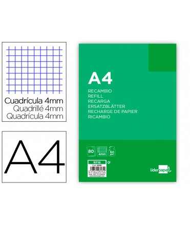 Recambio liderpapel a4 80 hoja 60g/m2 cuadro 4 mm con margen 4 taladros