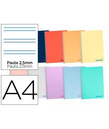 Cuaderno espiral liderpapel a4 wonder tapa plastico 80h 90gr pauta estrecha 2,5mm con margen colores surtidos