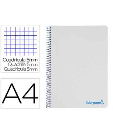 Cuaderno espiral liderpapel a4 micro wonder tapa plastico 120h 90 gr cuadro 5mm 5 bandas 4 taladros color gris