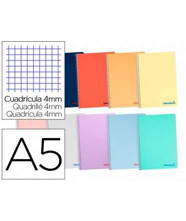Cuaderno espiral liderpapel a5 wonder tapa plastico 80h 90g cuadro 4mm con margen colores surtidos