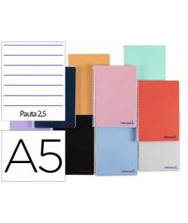Cuaderno espiral liderpapel a5 wonder tapa plastico 80h 90g pauta estrecha 2,5mm con margen colores surtidos