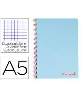 Cuaderno espiral liderpapel a5 micro wonder tapa plastico 120h 90g cuadro 5mm 5 bandas 6 taladros color celeste