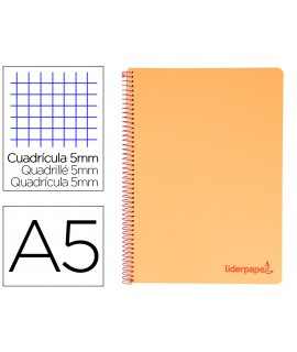 Cuaderno espiral liderpapel a5 micro wonder tapa plastico 120h 90g cuadro 5mm 5 bandas 6 taladros color naranja
