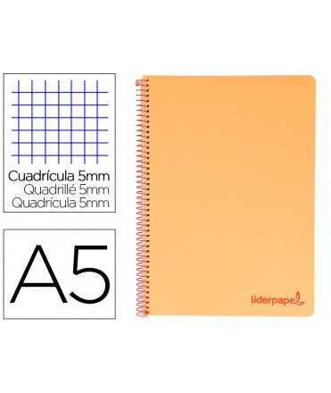 Cuaderno espiral liderpapel a5 micro wonder tapa plastico 120h 90g cuadro 5mm 5 bandas 6 taladros color naranja