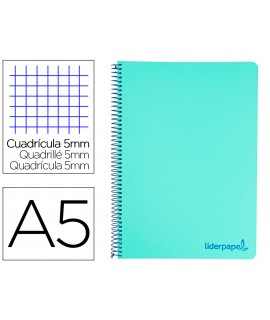 Cuaderno espiral liderpapel a5 micro wonder tapa plastico 120h 90g cuadro 5mm 5 bandas 6 taladro color verde turquesa