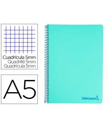 Cuaderno espiral liderpapel a5 micro wonder tapa plastico 120h 90g cuadro 5mm 5 bandas 6 taladro color verde turquesa