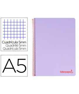 Cuaderno espiral liderpapel a5 micro wonder tapa plastico 120h 90g cuadro 5mm 5 bandas 6 taladros color violeta