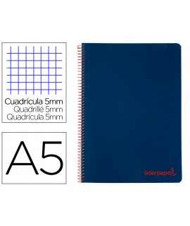 Cuaderno espiral liderpapel a5 micro wonder tapa plastico 120h 90g cuadro 5mm 5 bandas 6 taladros color azul marino