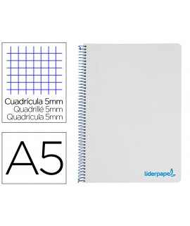 Cuaderno espiral liderpapel a5 micro wonder tapa plastico 120h 90g cuadro 5mm 5 bandas 6 taladros color gris