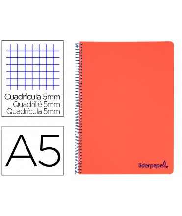 Cuaderno espiral liderpapel a5 micro wonder tapa plastico 120h 90g cuadro 5mm 5 bandas 6 taladros color rojo