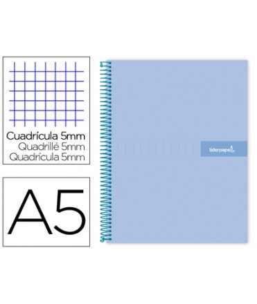 Cuaderno espiral liderpapel a5 micro crafty tapa forrada 120h 90gr cuadro 5mm 5 bandas 6 taladros color celeste