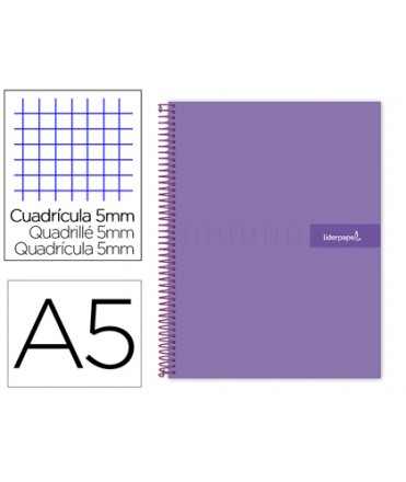 Cuaderno espiral liderpapel a5 micro crafty tapa forrada 120h 90gr cuadro 5mm 5 bandas 6 taladros color violeta