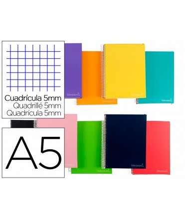 Cuaderno espiral liderpapel a5 micro jolly tapa forrada 140h 75 gr cuadro 5mm 5 bandas6 taladros colores surtidos