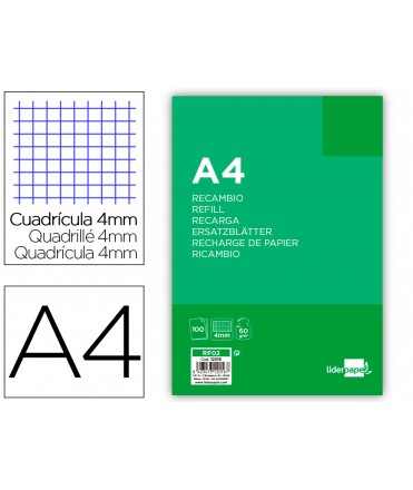 Recambio liderpapel a4 100 hojas 60gr cuadro 4mm con margen sin taladros