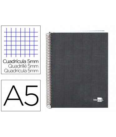 Cuaderno espiral liderpapel a5 micro papercoat tapa forrada 140h 75 gr cuadro5mm 5 bandas 6 taladros negro