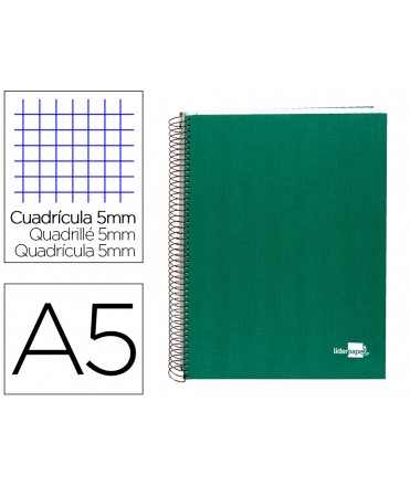 Cuaderno espiral liderpapel a5 micro papercoat tapa forrada 140h 75 gr cuadro5mm 5 bandas 6 taladros verde