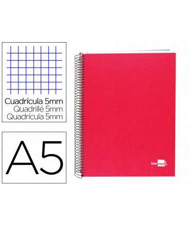 Cuaderno espiral liderpapel a5 micro papercoat tapa forrada 140h 75 gr cuadro5mm 5 bandas 6 taladros rojo