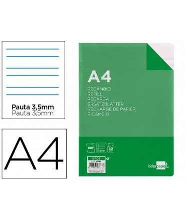 Recambio liderpapel a4 100 hojas 60g/m2 pauta 4ª 3.5mm con margen 4 taladros