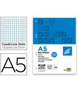 Recambio liderpapel a5 100 h 100gr cuadro 5mm con margen 6 taladros