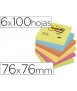 Bloc de notas adhesivas quita y pon post-it 76x76 mm neon pack de 6 unidades colores surtidos