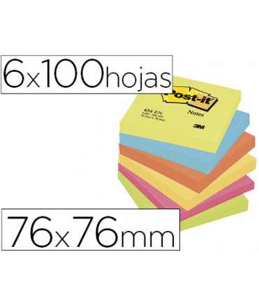Bloc de notas adhesivas quita y pon post-it 76x76 mm neon pack de 6 unidades colores surtidos
