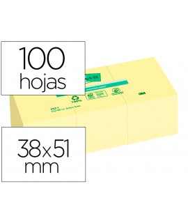 Bloc de notas adhesivas quita y pon post-it 38x51 mm papel reciclado amarillo pack de 3 blocs 653-1