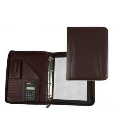 Carpeta portafolios q-connect cremallera 4 anillas 20 mm concalculadora con bolsa para movil color marron 260x355 mm