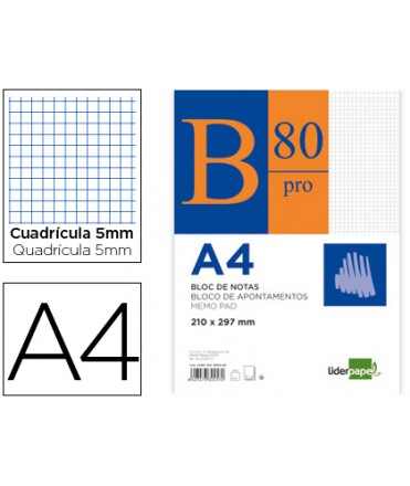 Bloc notas liderpapel cuadro 5mm a4 80 hojas 60g/m2 encolado 4 taladros doble margen