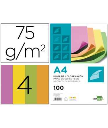 Papel color liderpapel din a4 75 gr neon 4 colores surtidos paquete de 100 hojas