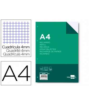 Recambio liderpapel a4 100 hojas 100gr cuadro 4mm con margen 4 taladros