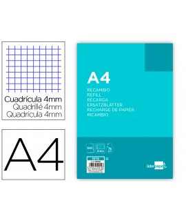 Recambio liderpapel a4 100 hojas 75gr cuadro 4mm con margen 4 taladros