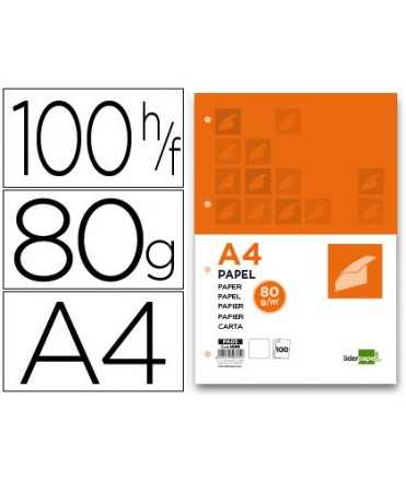 Papel liderpapel din a4 80 gr liso 4 taladros paquete de 100 hojas