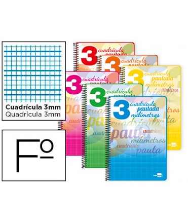 Cuaderno espiral liderpapel folio pautaguia tapa blanda 80h 75gr cuadro pautado 3mm co n margen colores surtidos