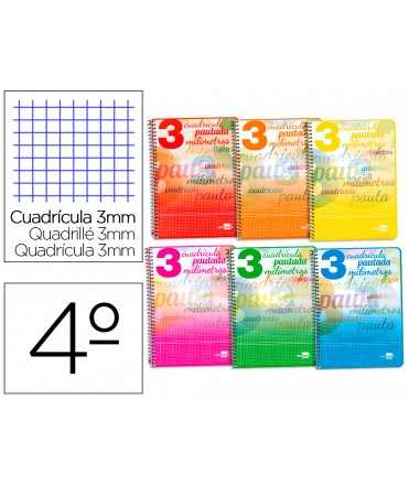Cuaderno espiral liderpapel cuarto pautaguia tapa blanda 40h 75gr cuadro pautado 3 mm con margen colores surtidos