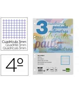 Recambio liderpapel a5 pautaguia 100 hojas 75gr cuadriculado pautado 3mm con margen 6 taladros