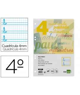 Recambio liderpapel a5 pautaguia 100 hojas 75gr cuadriculado pautado 4mm con margen 6 taladros