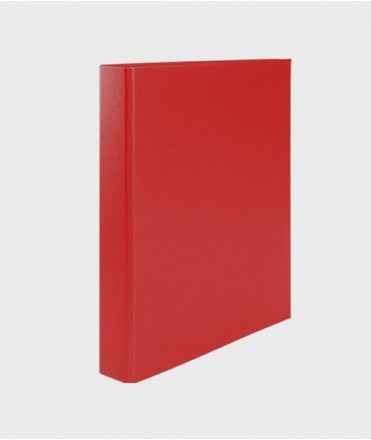 Carpeta, lomo 3 cm. Tamaño: 34x26x3 cm. Color rojo. 2 anillas redondas