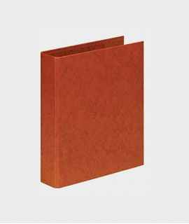 Folder, spine 3 cm. Size: 34x26x3 cm. Leather color. 2 round rings